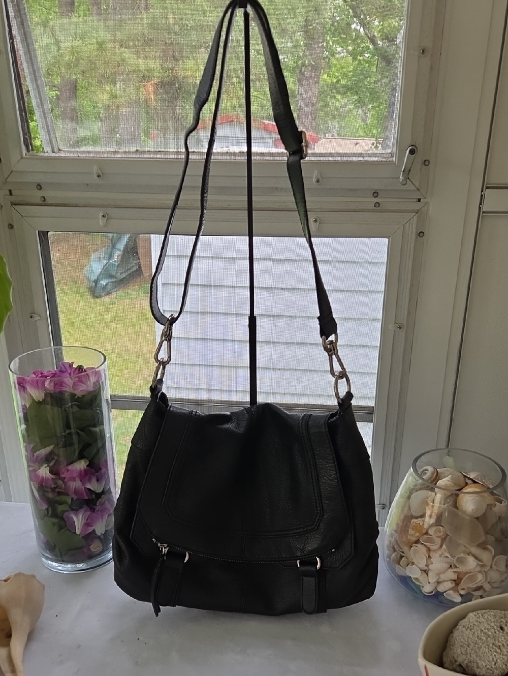 The Sak. Classic Black Leather Shoulder Bag with Adjustable Strap